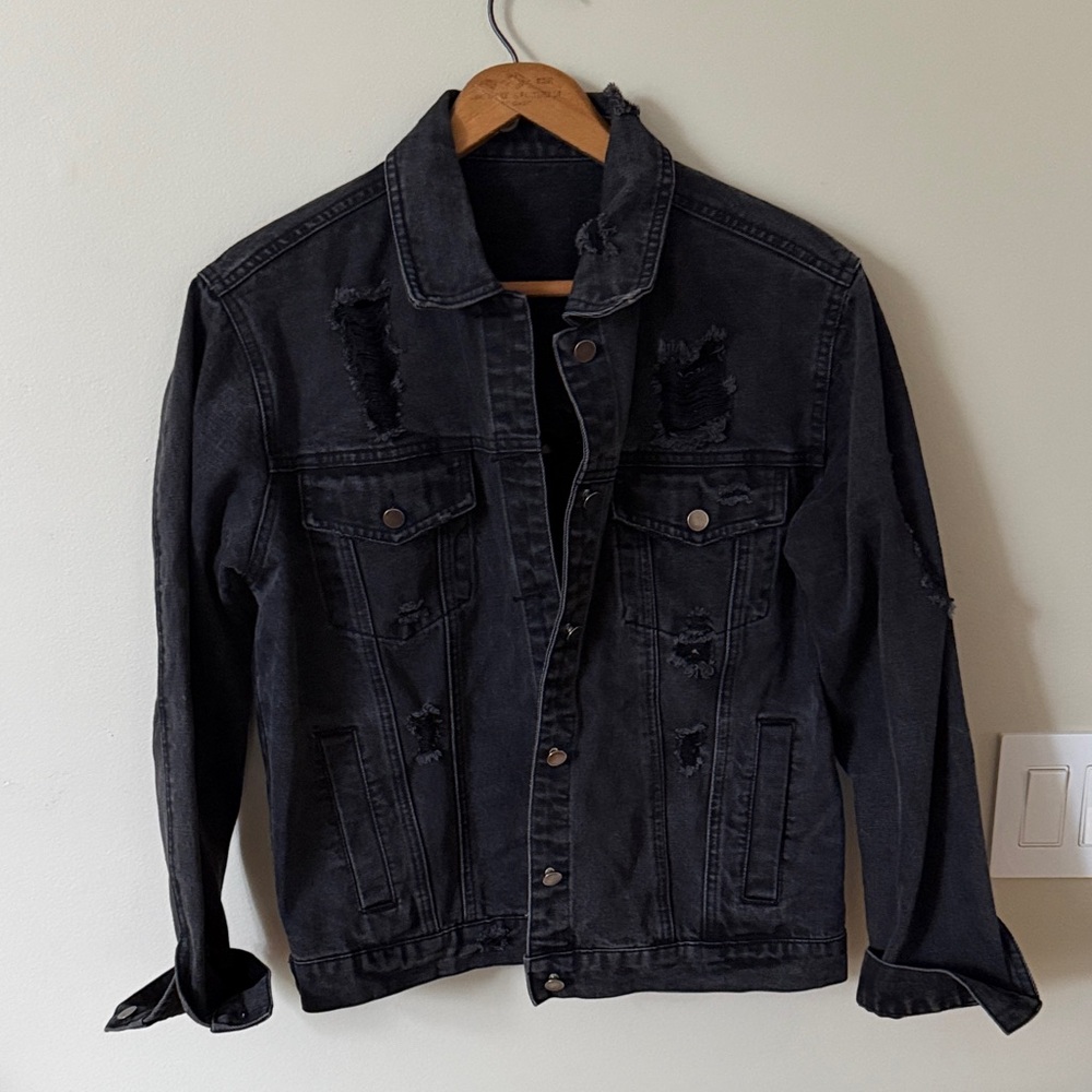Distressed Black Denim Jean Jacket Size M